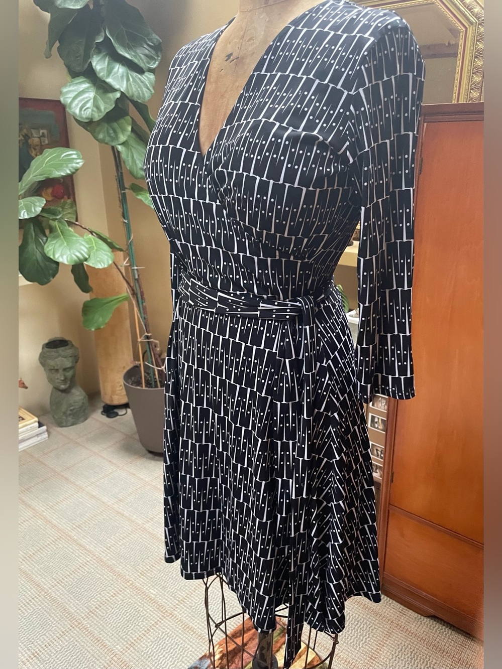 Leota Black and White Geometric Faux Wrap Dress